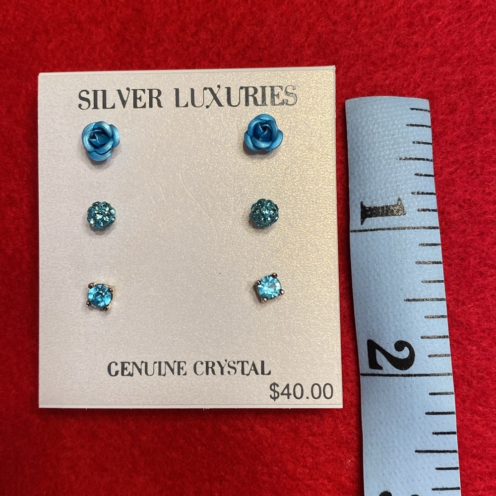 Blue Crystal Silver Tone Pierced Earrings - Picture 5 of 10